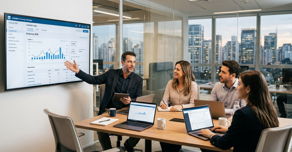Profissionais em reunião de negócios usando LinkedIn Ads para estratégias B2B