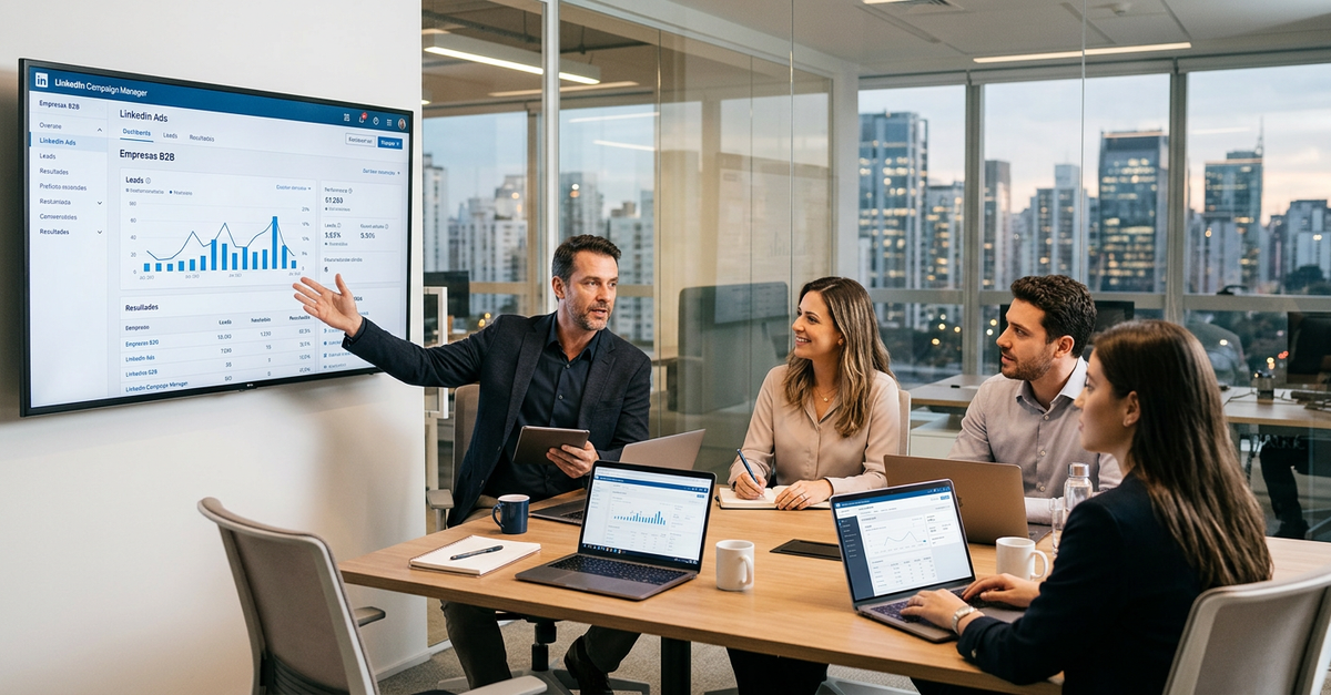 Profissionais em reunião de negócios usando LinkedIn Ads para estratégias B2B