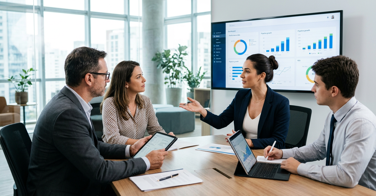 Reunião de planejamento sobre investimento em agência de marketing B2B