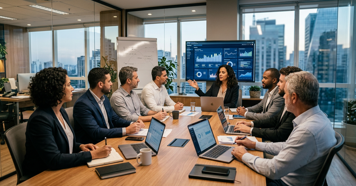 Reunião de alinhamento entre equipes de marketing e vendas B2B