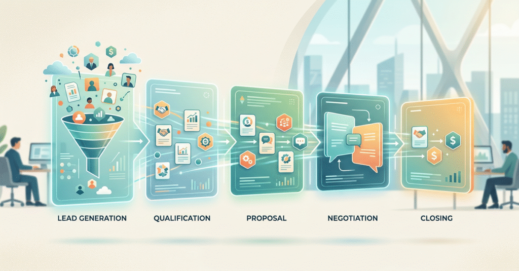 Pipeline de vendas B2B estruturado mostrando etapas do processo comercial