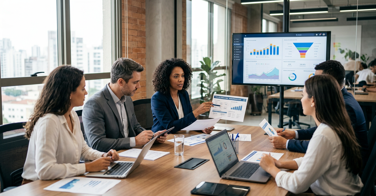 Equipe comercial B2B analisando métricas de performance