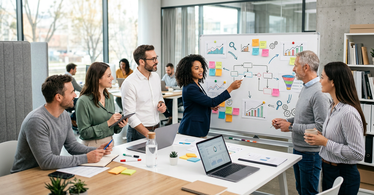 Equipe B2B trabalhando em processo estruturado de conversão de leads