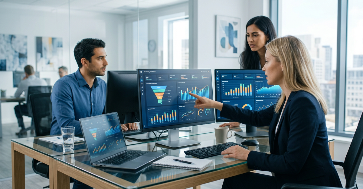 Dashboard de análise de taxa de conversão média agência marketing B2B