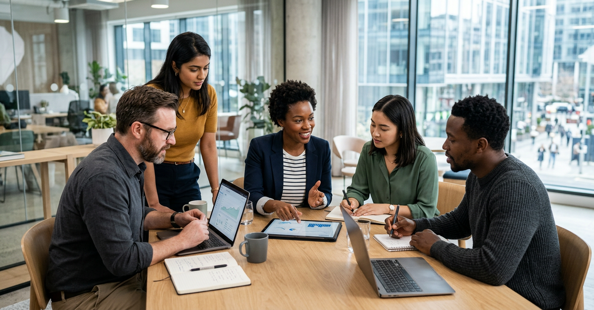Reunião estratégica de equipe de marketing digital B2B