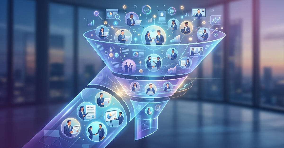 Funil de vendas B2B mostrando progressão de MQL para SQL