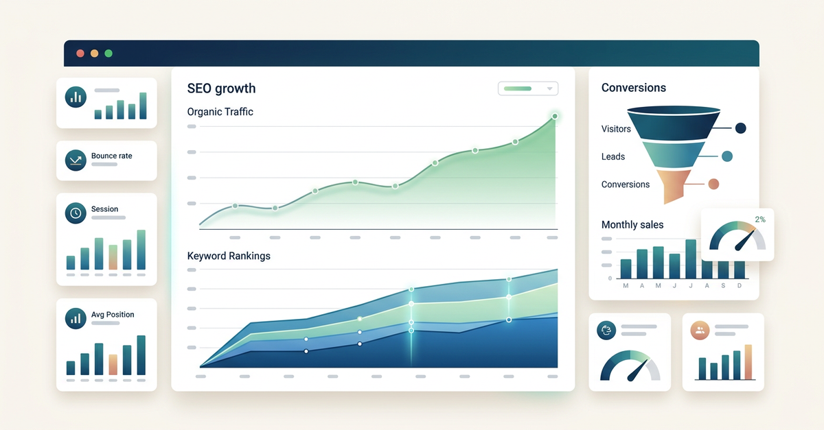 Dashboard de SEO e marketing de conteúdo B2B com métricas de negócio