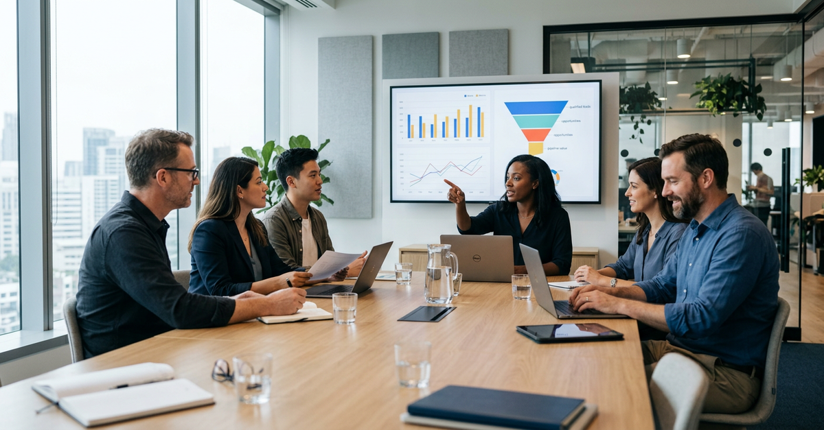 Equipe de marketing e vendas B2B alinhada discutindo resultados esperados