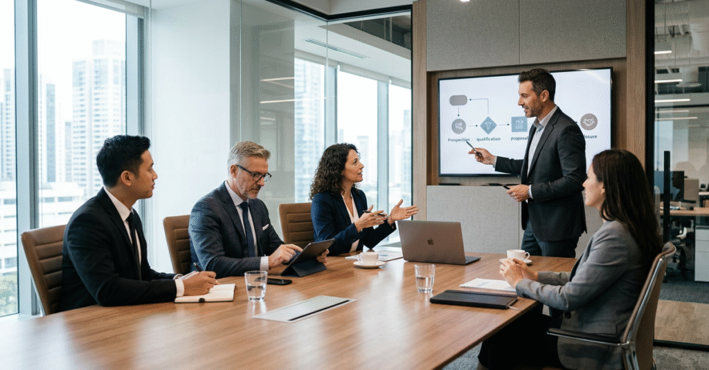 Processo de vendas B2B em reunião empresarial com múltiplos decisores