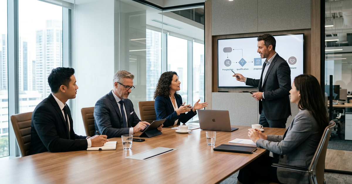 Processo de vendas B2B em reunião empresarial com múltiplos decisores