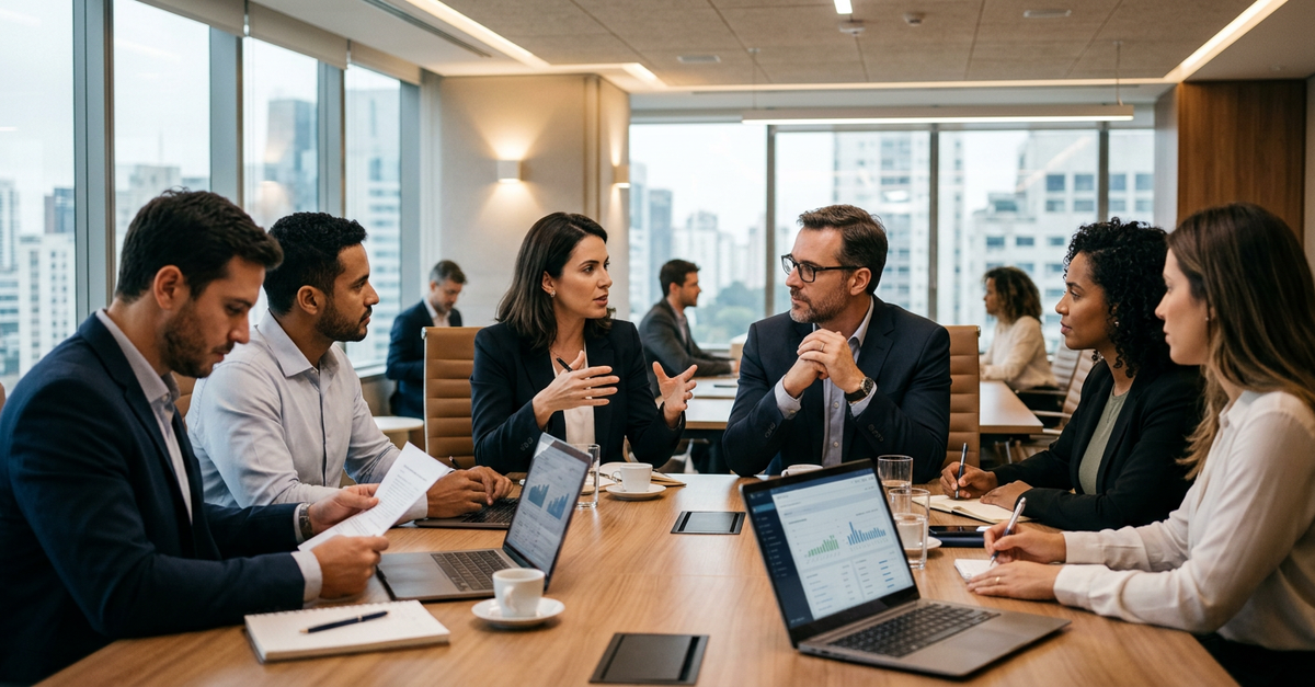 Reunião comercial B2B com múltiplos decisores