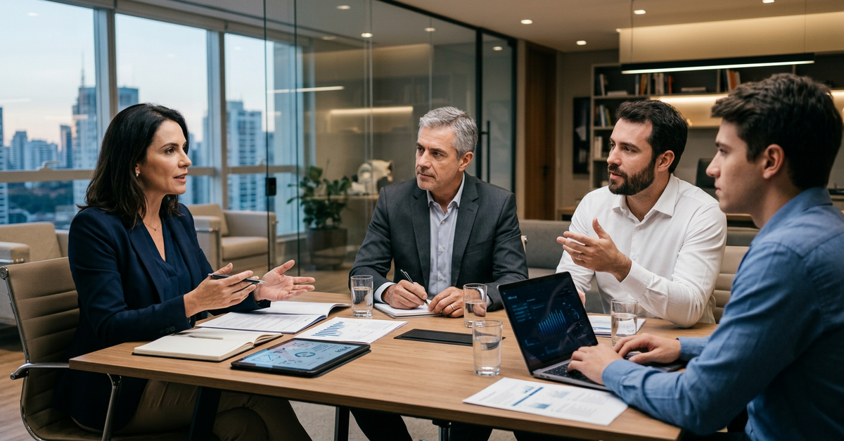 Metodologias de vendas B2B SPIN vs Challenger em ação durante reunião comercial