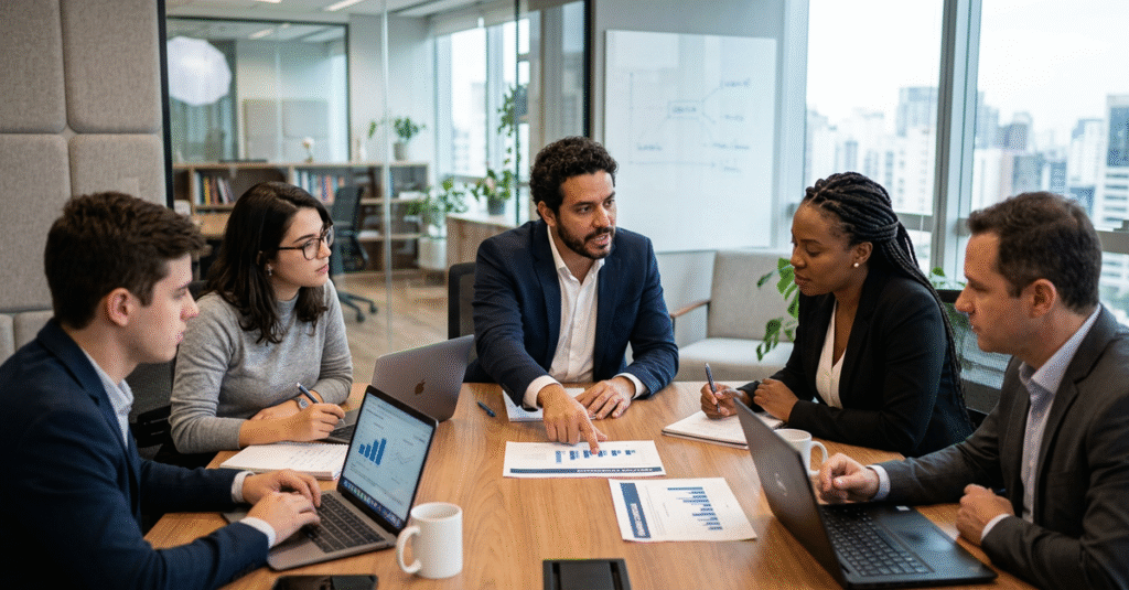 Reunião de vendas B2B em pequena empresa discutindo problemas comerciais