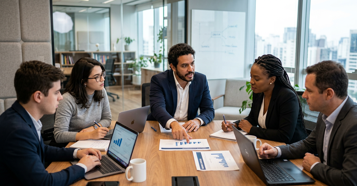 Reunião de vendas B2B em pequena empresa discutindo problemas comerciais