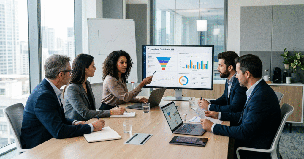Reunião de negócios B2B com executivos analisando dados de leads qualificados
