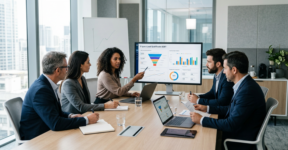 Reunião de negócios B2B com executivos analisando dados de leads qualificados
