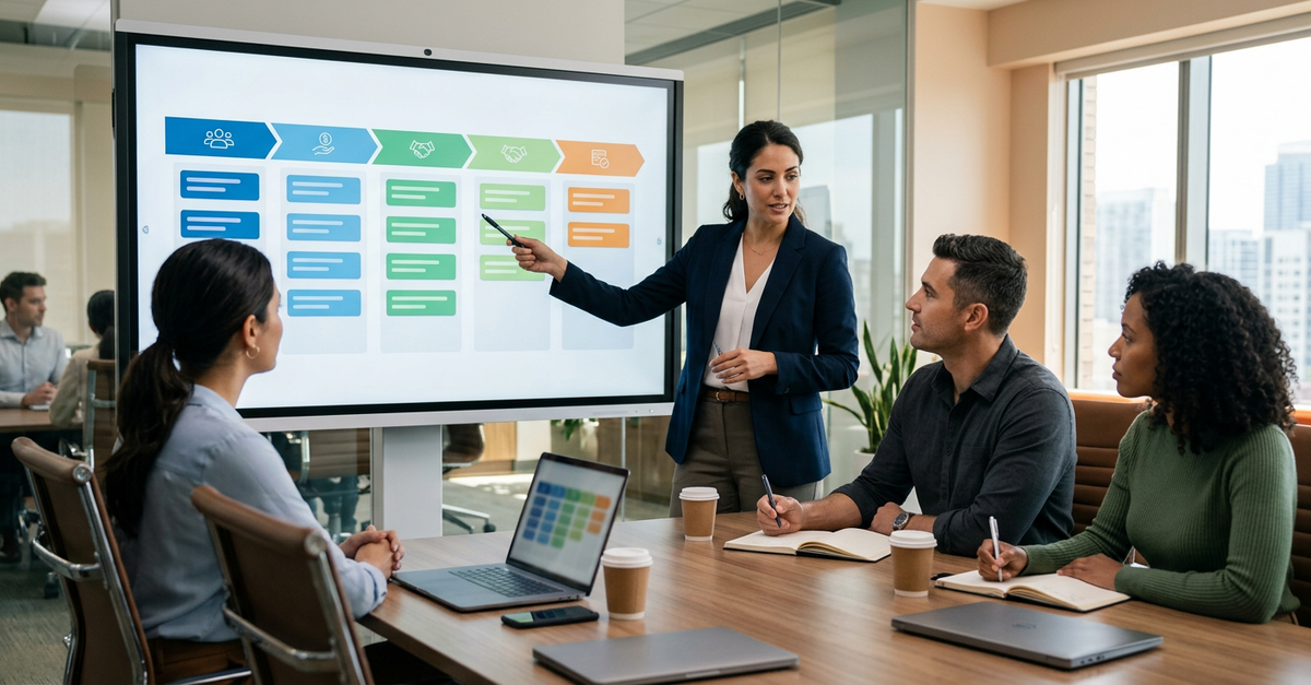 Equipe comercial analisando pipeline de vendas B2B