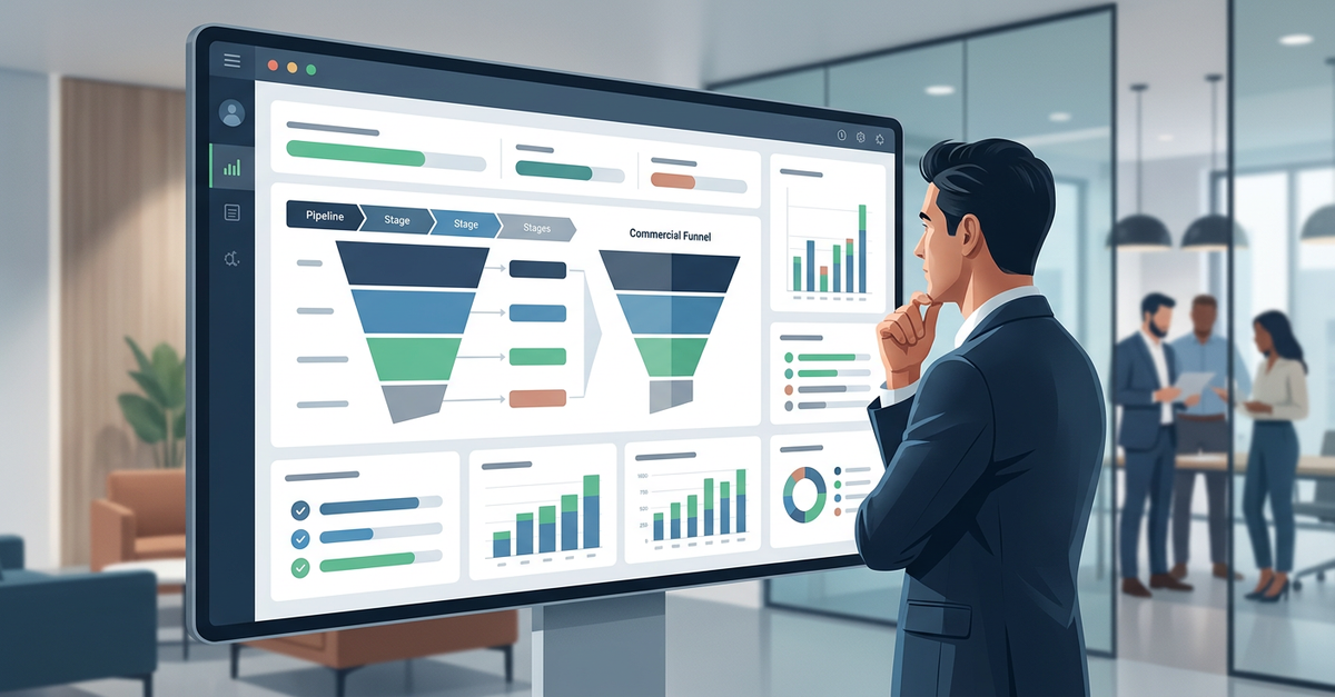 Pipeline de vendas B2B em CRM com métricas de conversão e funil comercial