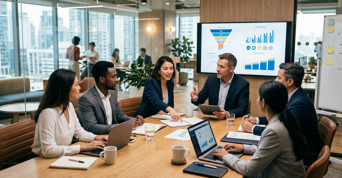 Reunião de alinhamento entre marketing e vendas B2B