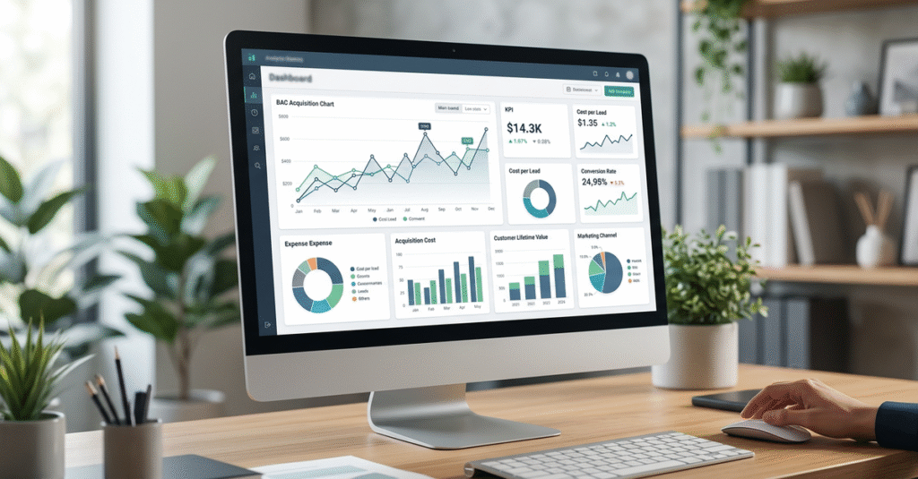 Análise de métricas de CAC em empresas B2B com gráficos e dashboards