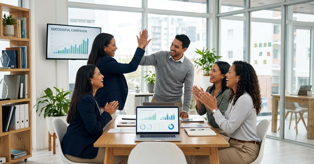 Equipe de pequena empresa celebrando resultados de marketing digital