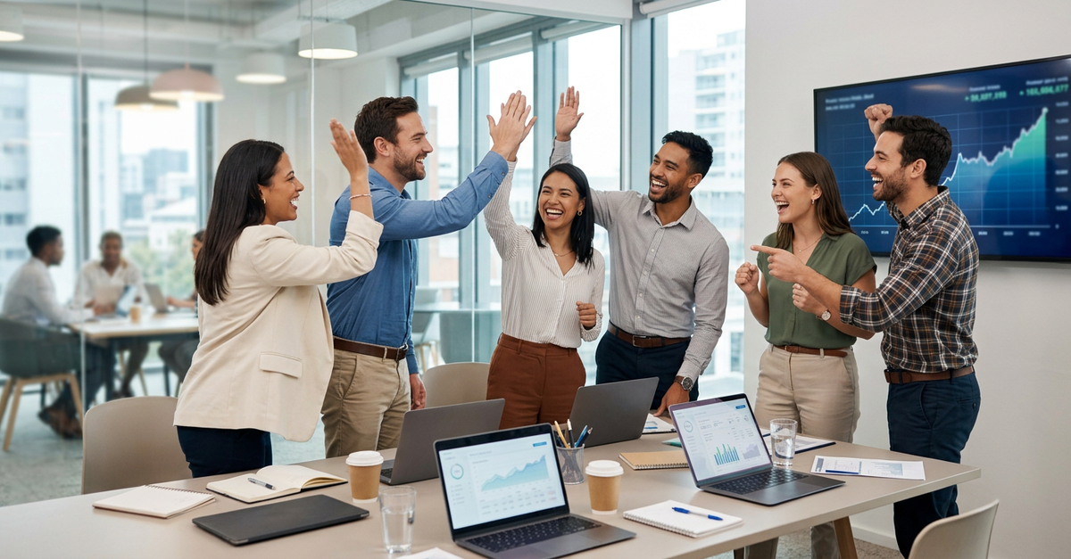 Equipe comemorando resultados de smarketing bem-sucedido