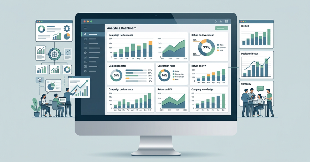 Dashboard de resultados mensuráveis de marketing B2B com métricas de ROI e geração de leads qualificados