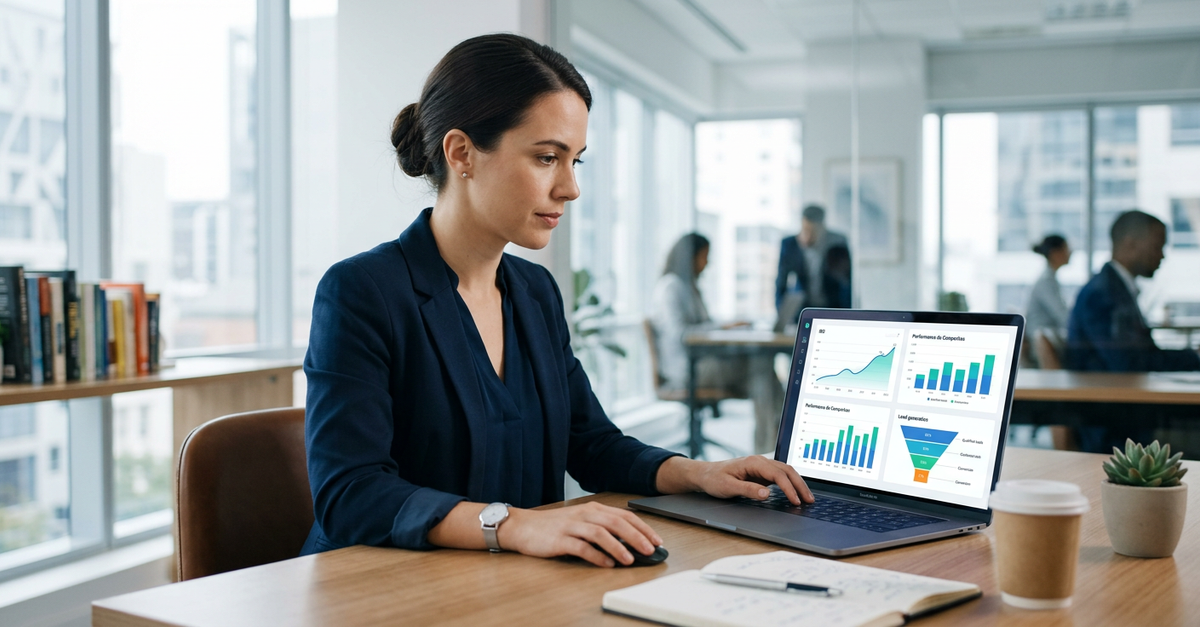 Profissional analisando resultados de agência marketing B2B geração de leads qualificados