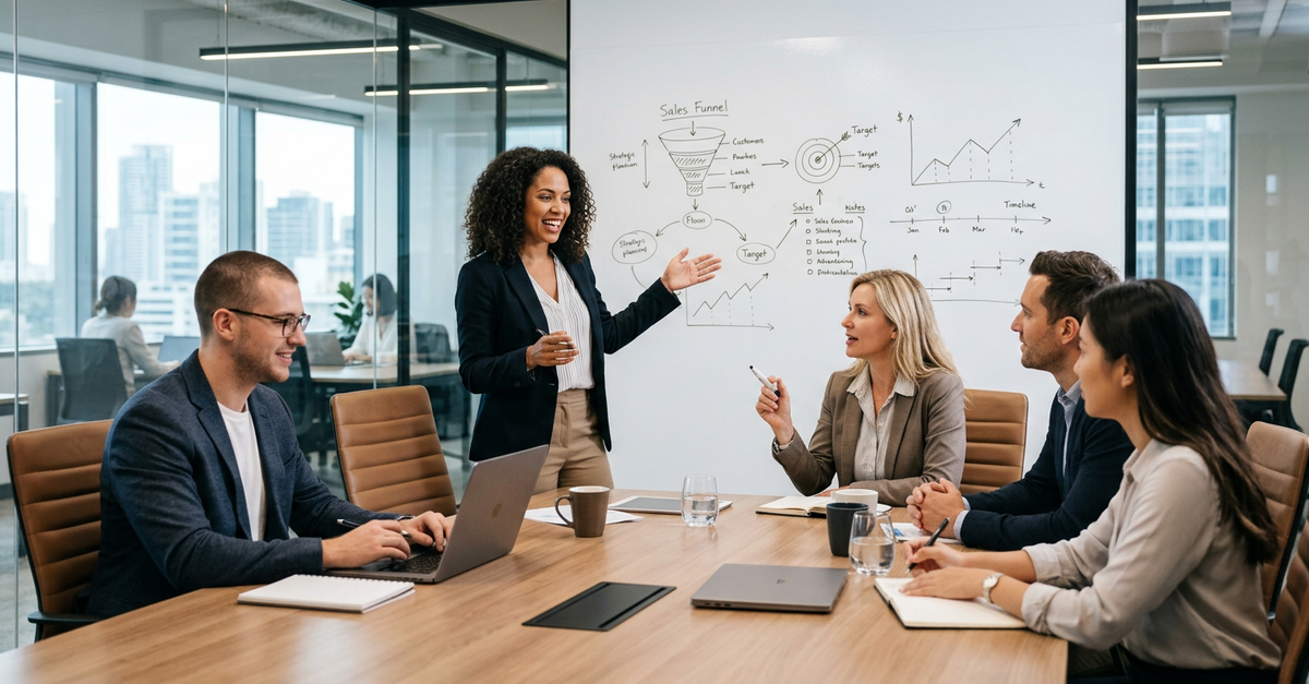 Equipe de vendas em reunião de alinhamento estratégico e treinamento
