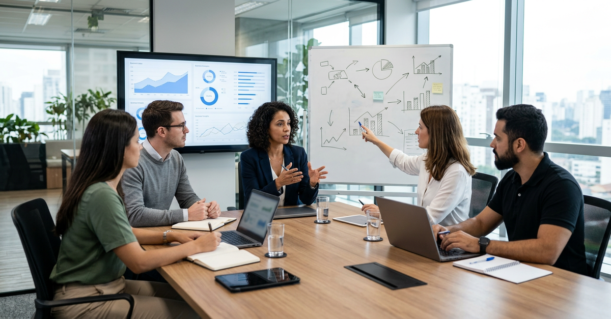 Equipe de vendas B2B em reunião de alinhamento