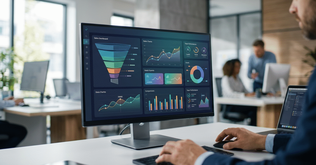 Dashboard de CRM para vendas mostrando métricas e funil comercial