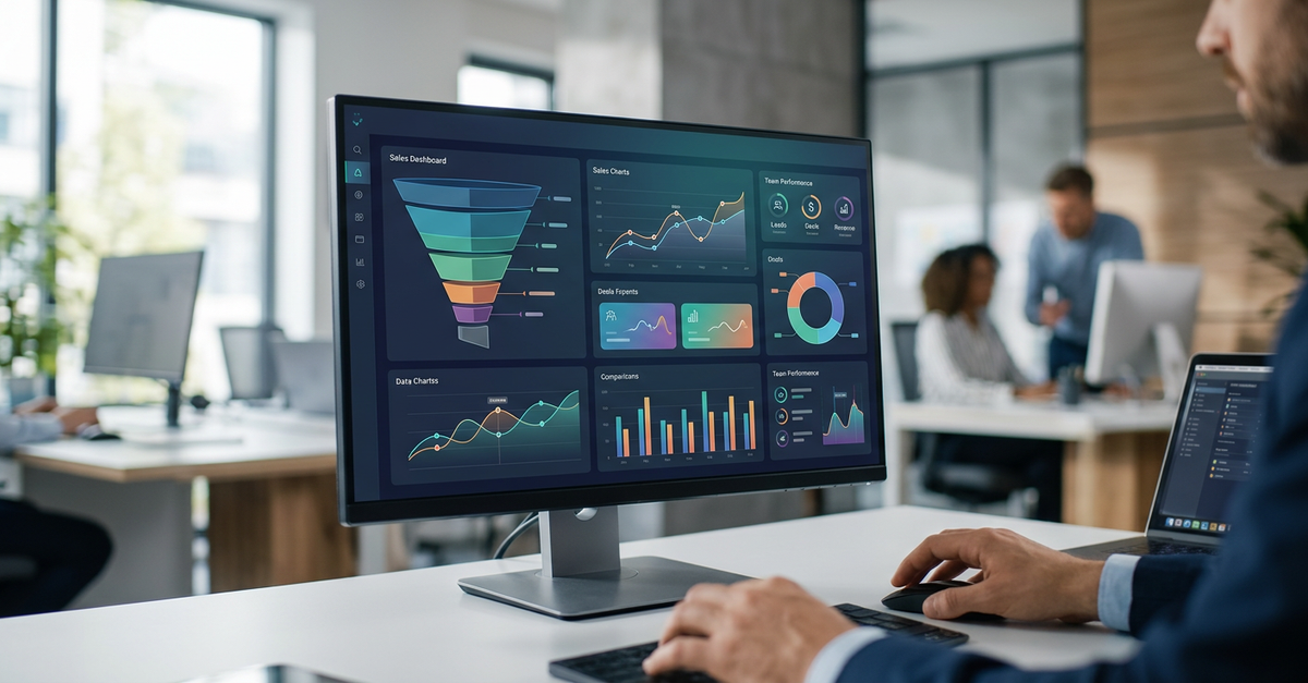 Dashboard de CRM para vendas mostrando métricas e funil comercial