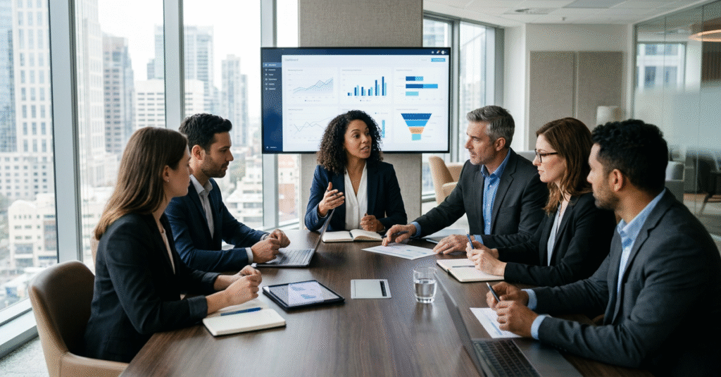 Alinhamento entre equipes de marketing e vendas em reunião estratégica B2B