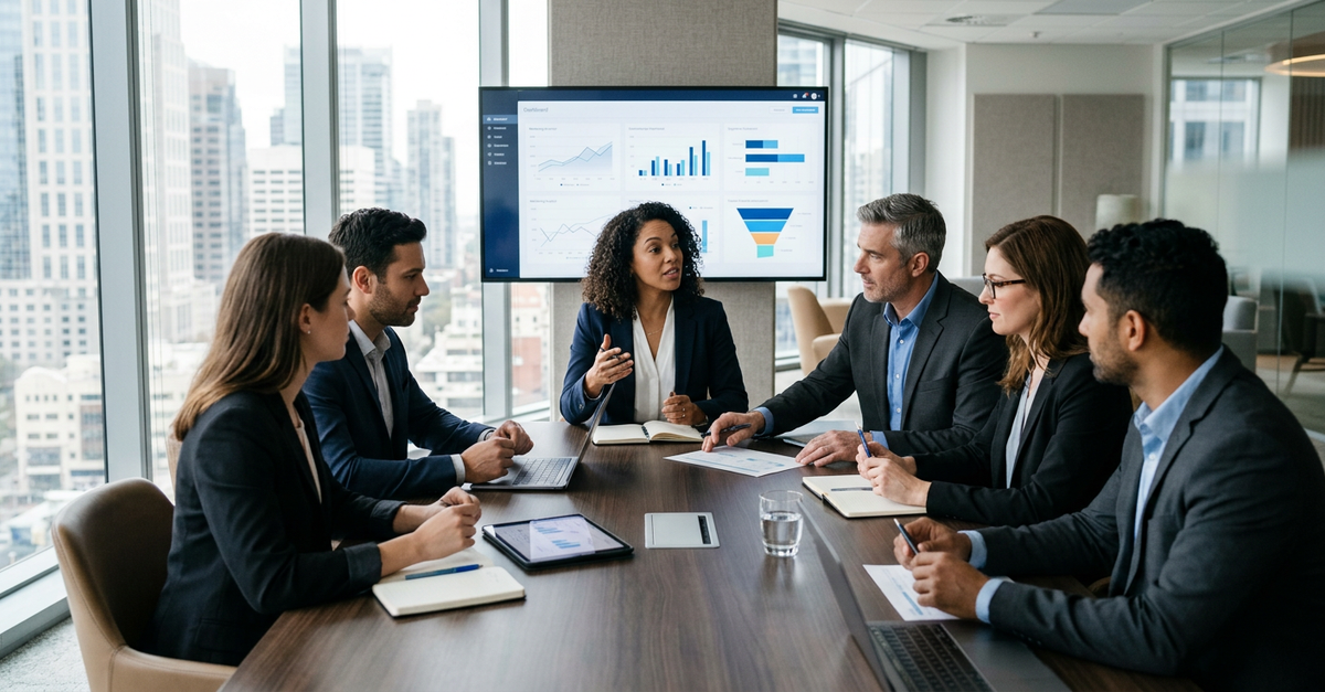 Alinhamento entre equipes de marketing e vendas em reunião estratégica B2B