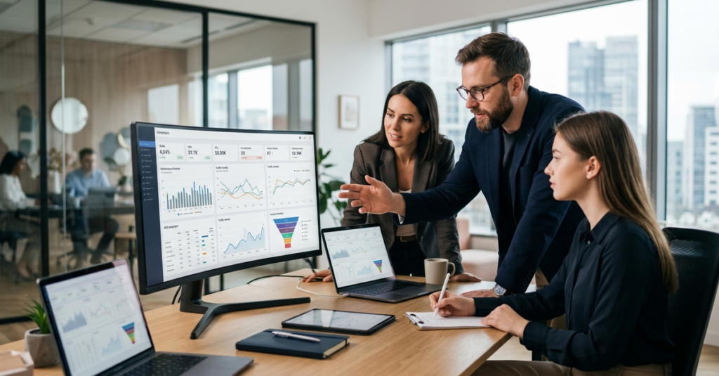 Equipe de agência de tráfego pago para leads B2B analisando campanhas em monitores