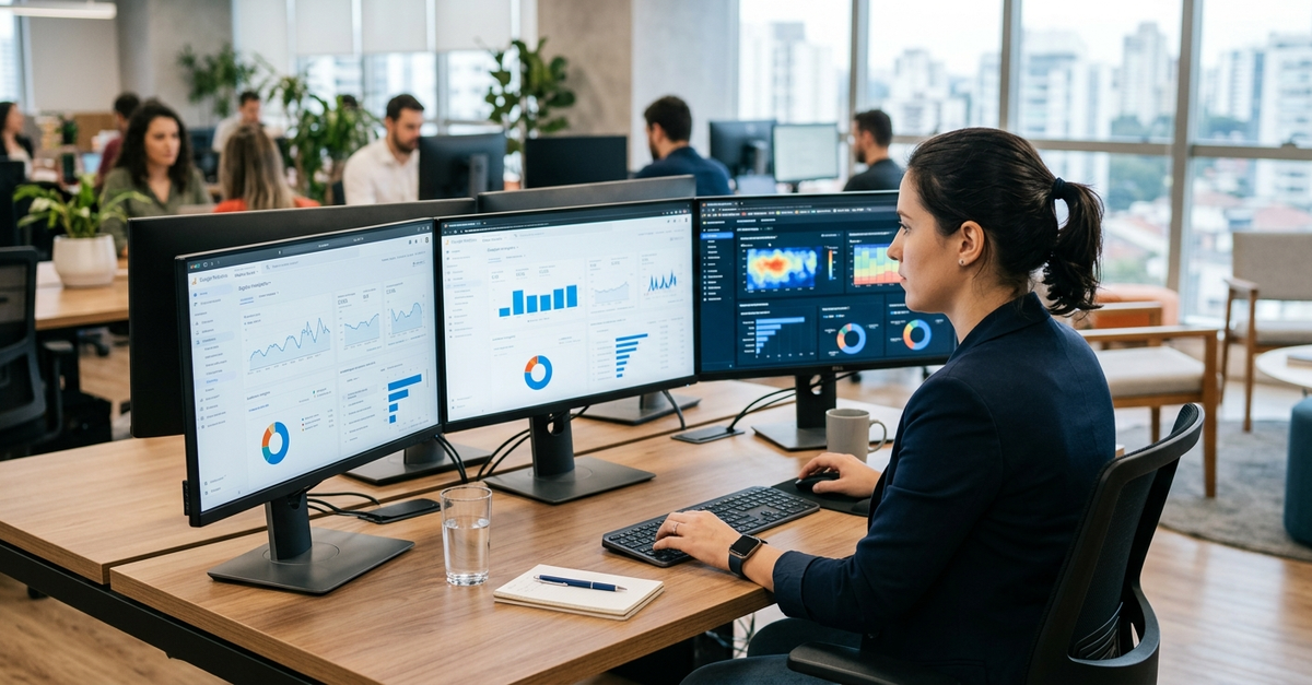 Profissional especialista em marketing digital de Curitiba analisando resultados e métricas de campanhas