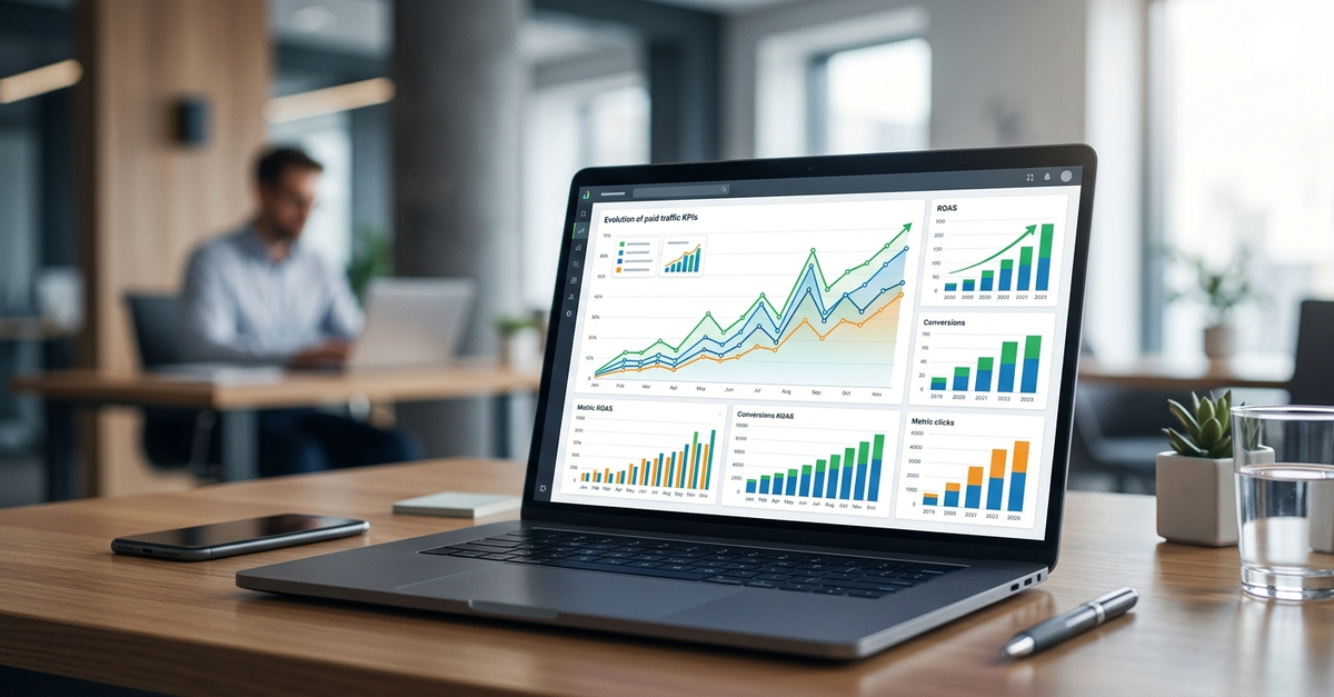 Gráficos de KPIs de tráfego pago com ROAS, CPA e taxa de conversão em dashboard digital