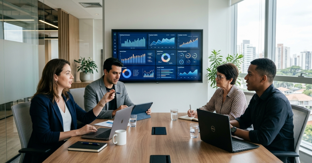 Reunião de equipe de marketing digital para empresas B2B em Curitiba