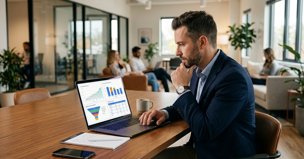 Profissional analisando métricas de sucesso de tráfego pago em computador com múltiplos gráficos