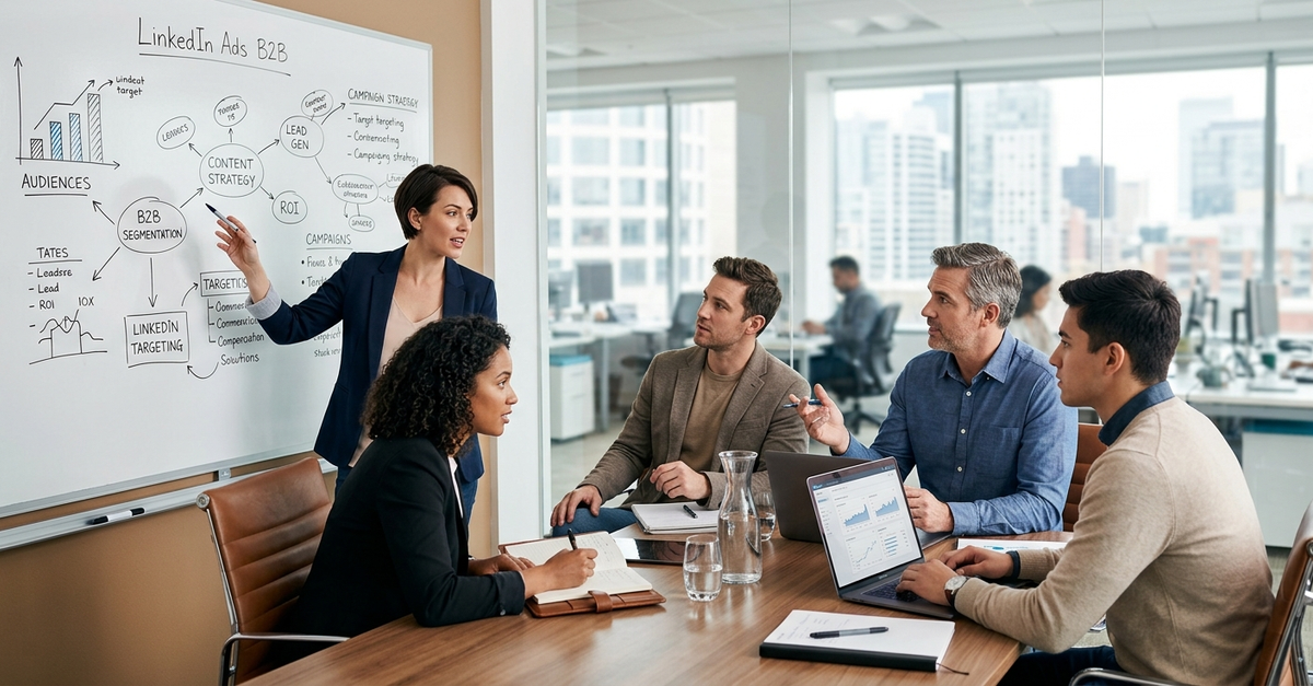 Equipe de agência especializada em LinkedIn Ads B2B planejando estratégia de tráfego pago para empresas