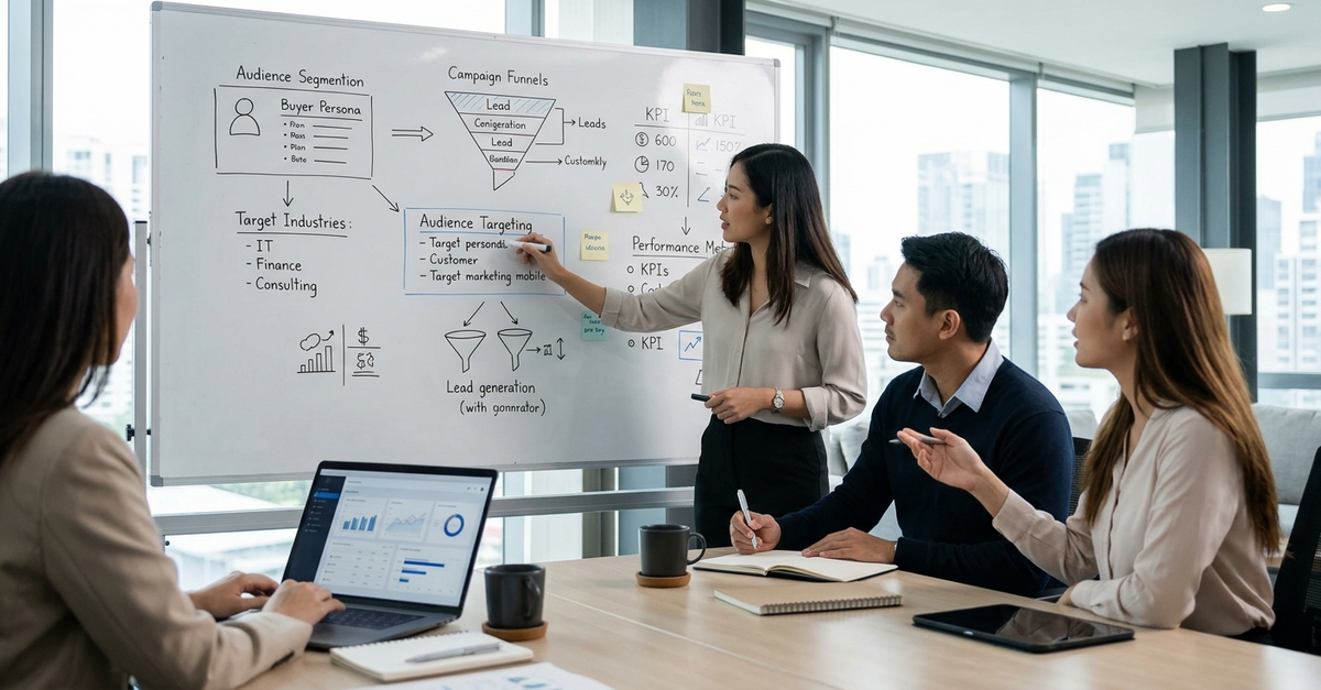 Equipe de agência de tráfego pago planejando estratégia para cliente de serviços B2B