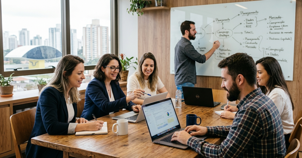 Reunião de equipe em agência de marketing em Curitiba discutindo estratégia digital