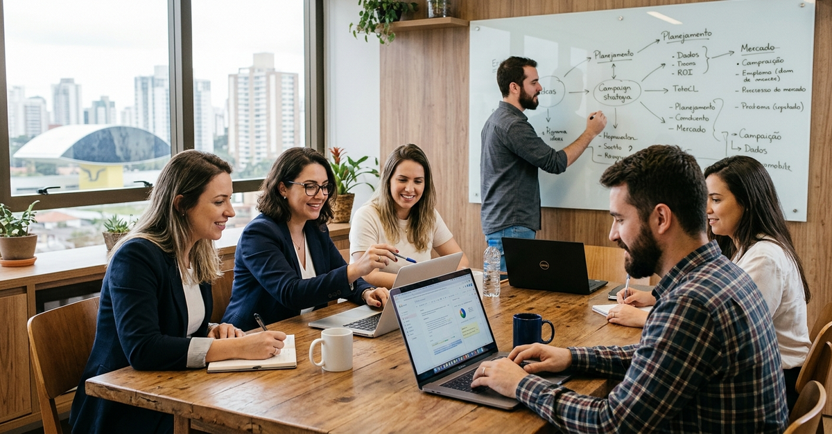 Reunião de equipe em agência de marketing em Curitiba discutindo estratégia digital