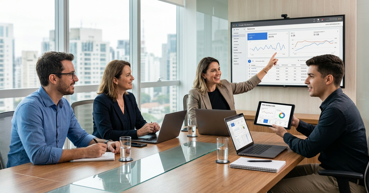 Reunião de negócios para escolher agência de tráfego pago Google Ads no Brasil