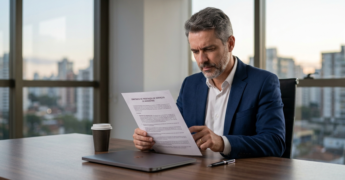 Empresário identificando red flags em proposta de agência de marketing em Curitiba
