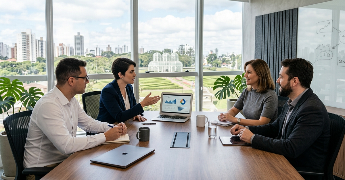 Equipe de agência de marketing de Curitiba em reunião estratégica com cliente