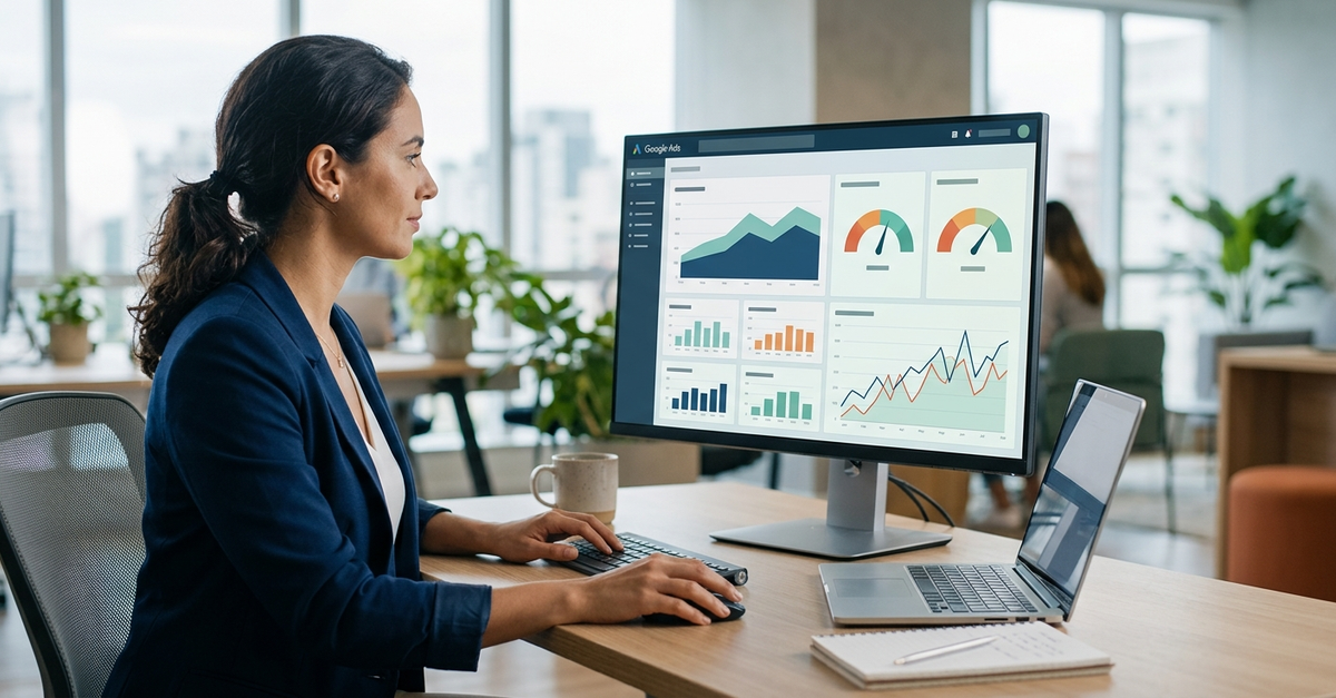 Dashboard de Google Ads com métricas de campanha — agência especializada em tráfego pago Brasil