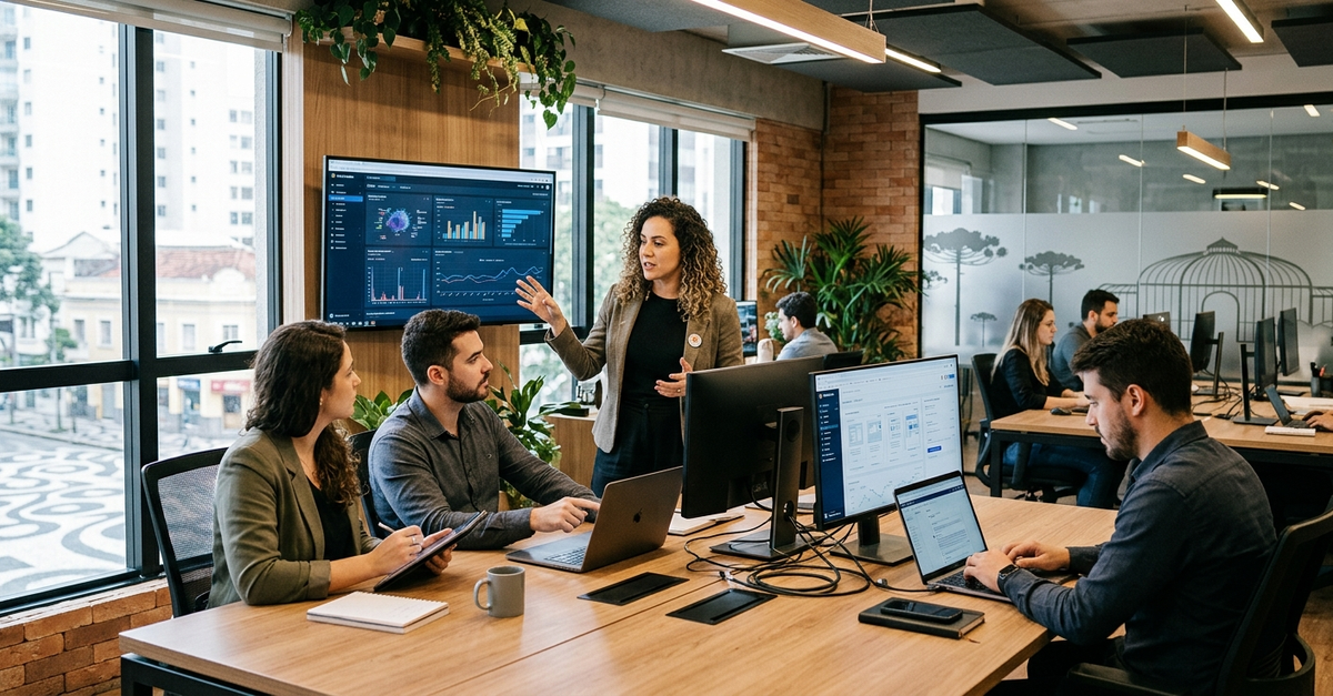 Agência de marketing de Curitiba com equipe trabalhando em estratégias digitais