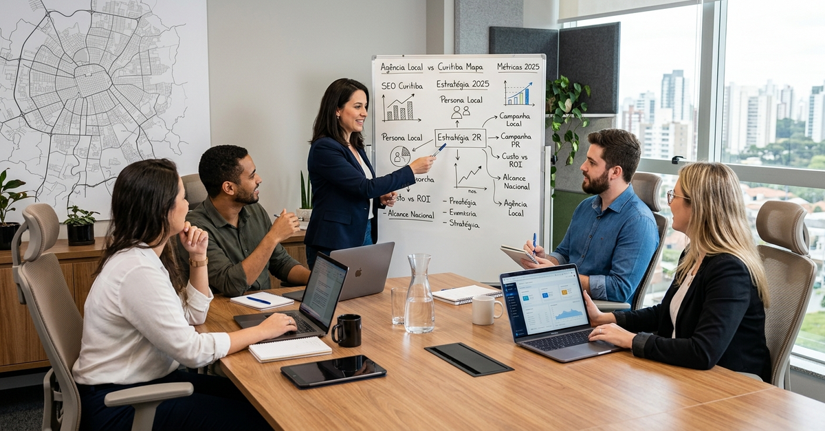 Reunião de equipe de agência de marketing digital em Curitiba analisando estratégias de crescimento