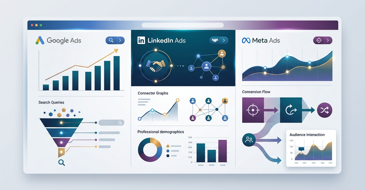 Dashboard de plataformas de tráfego pago B2B mostrando Google Ads LinkedIn Ads e Meta Ads